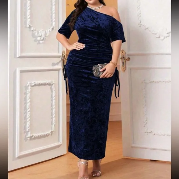 Luxe Velvet Plus Size Ruched Asymmetrical Neck Off Shoulder Evening Dress Blue | Color: Blue | Size: 0X | Shah2122's Closet Luxe Velvet Plus Size Ruched Asymmetrical Neck Off Shoulder Evening Dress Blue | Color: Blue | Size: 0X | Shah2122's Closet
